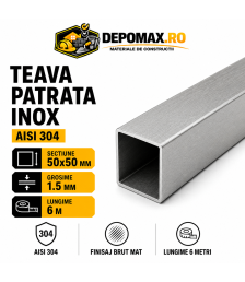 Teava patrata inox AISI 304, 50 x 50 x 1.5 mm, 6 metri